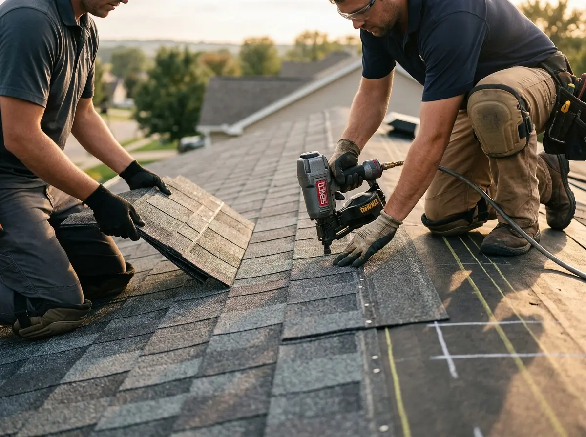 Professional roofer working on a residential roof in Somersworth